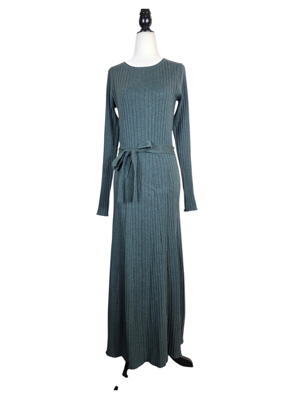 Kit and Ace Wool Ribbed Maxi Dress in Teal Green with Self-Tie Waist long sleeve
